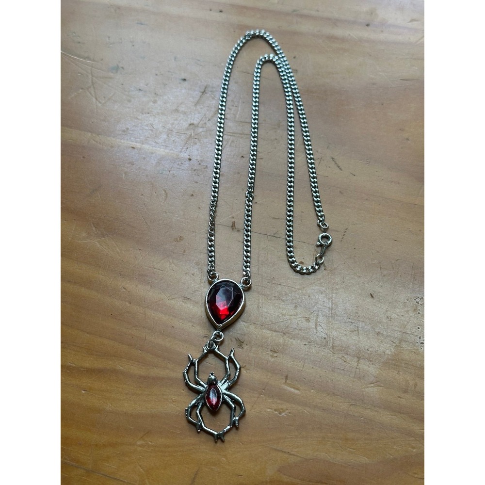 VTG Silver Tone Spider Pendant Necklace with Red Stones 10" Chain Goth 90s Y2K